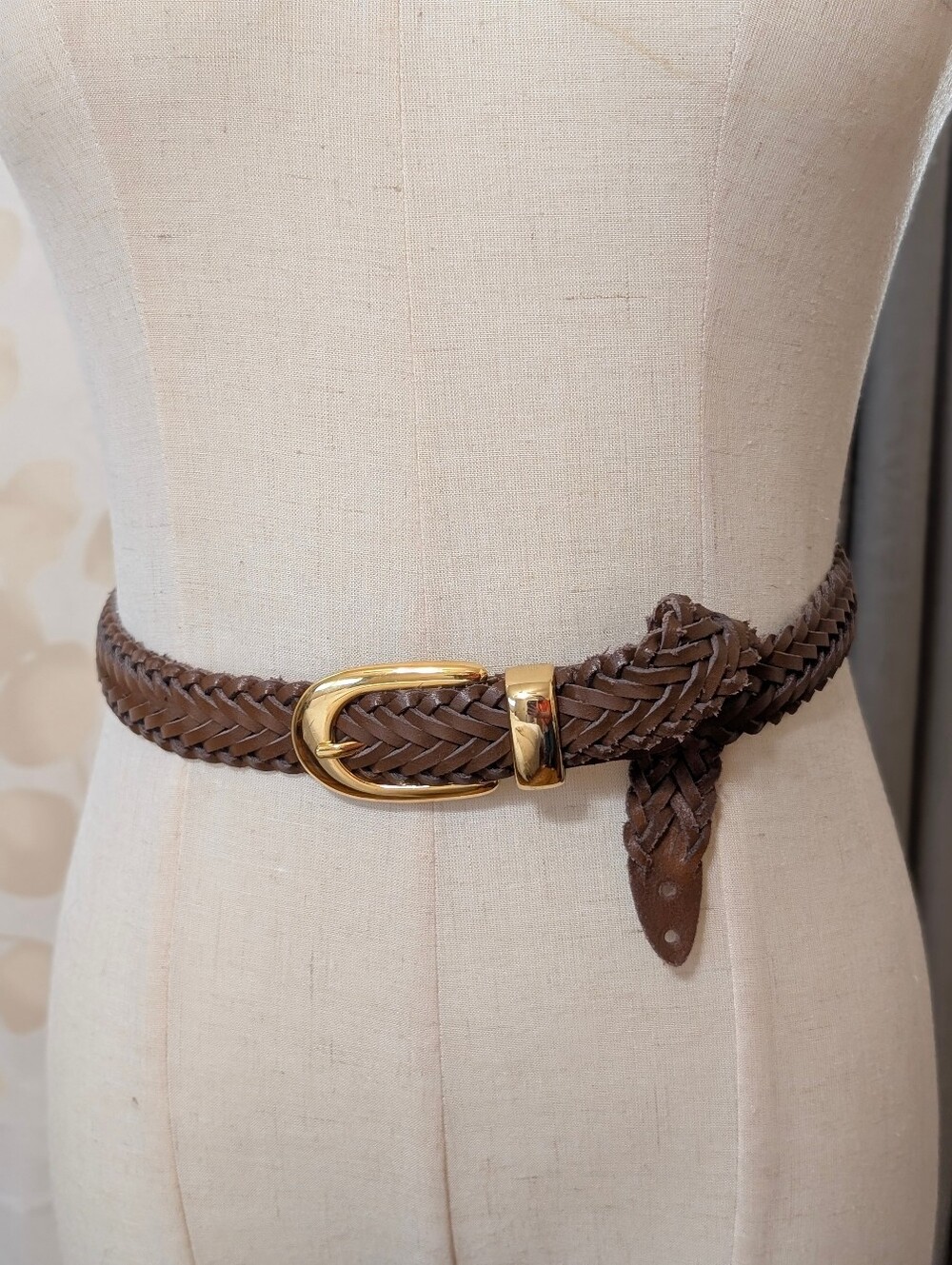 Braided Leather Waist Belt with Gold Buckle Small Medium - Brown